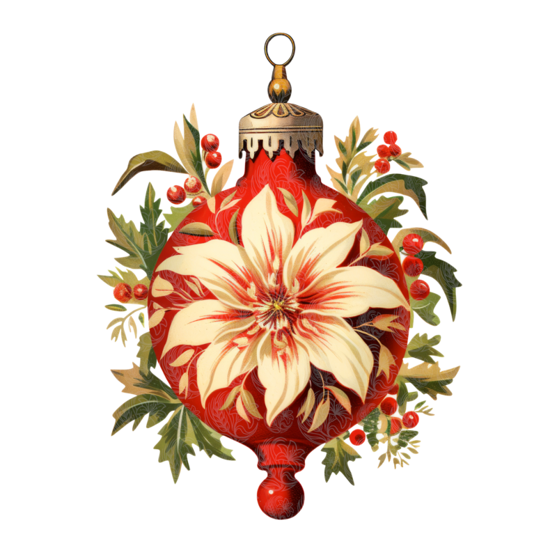 vintage christmas ornament featuring a red ball with cream poinsettia and holly berries, Grey Barn Handwerk, Saskatchewan.